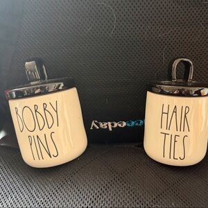 Rae Dunn Black and Cream Hair Accessories Jars